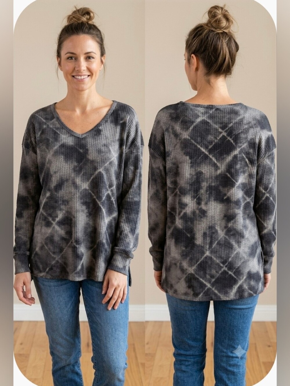 George Tie Dye Waffle Knit V-Neck Thermal Top Oversized Grey Lounge Long Sleeve